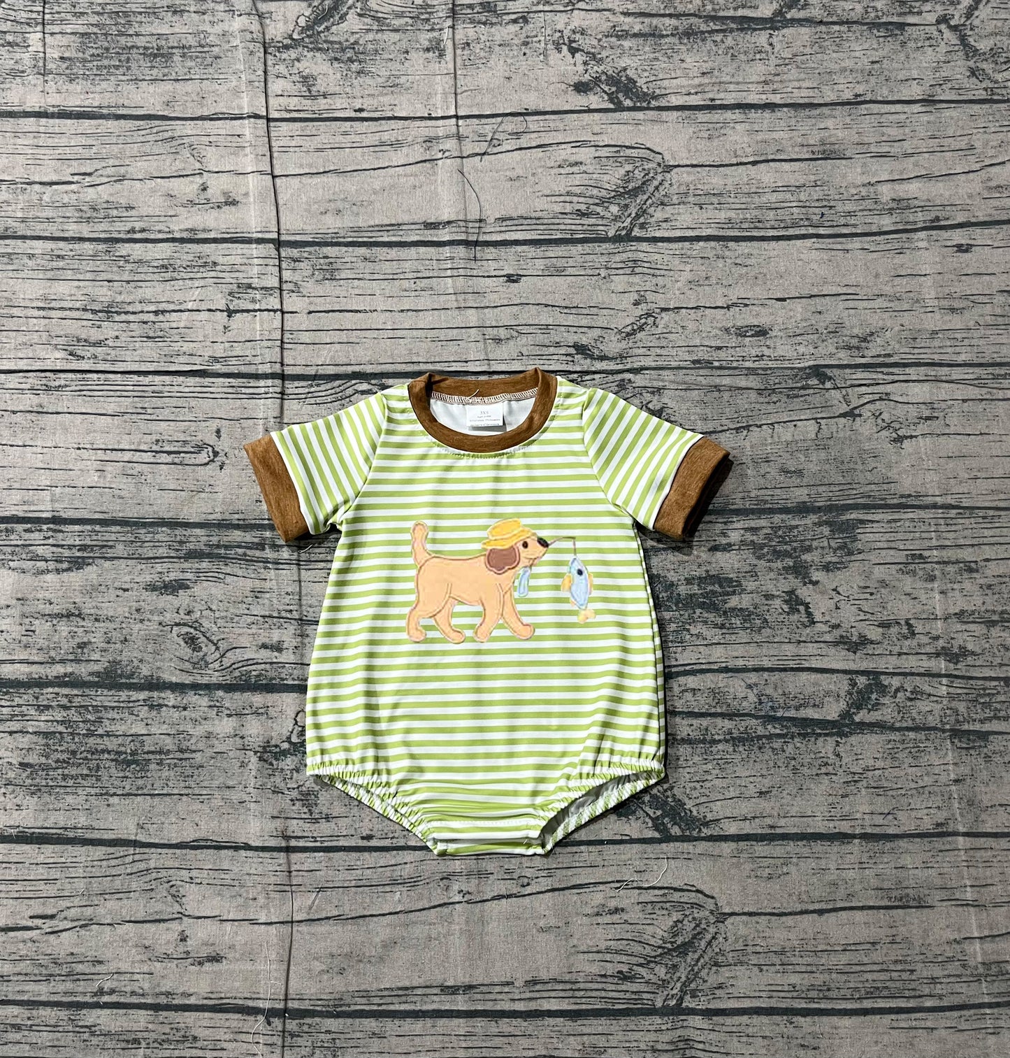 12.26 SR3765 Sample No Moq Embroidery Dog Fishes Baby Boys Short Sleeve Stripe Hunting Rompers