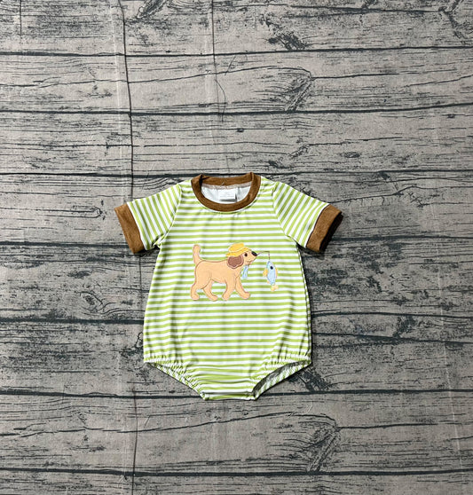 12.26 SR3765 Sample No Moq Embroidery Dog Fishes Baby Boys Short Sleeve Stripe Hunting Rompers