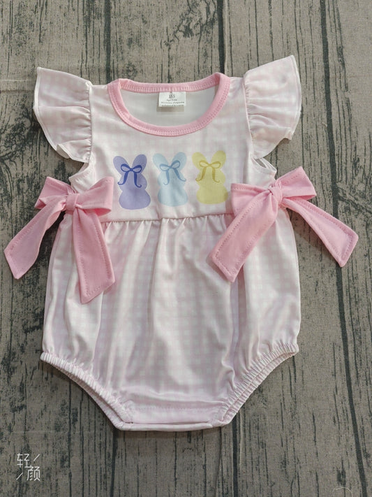 1.12 SR3767 Sample No Moq Baby Girls Pink Checked Rabbits Bows Easter Ruffle Rompers