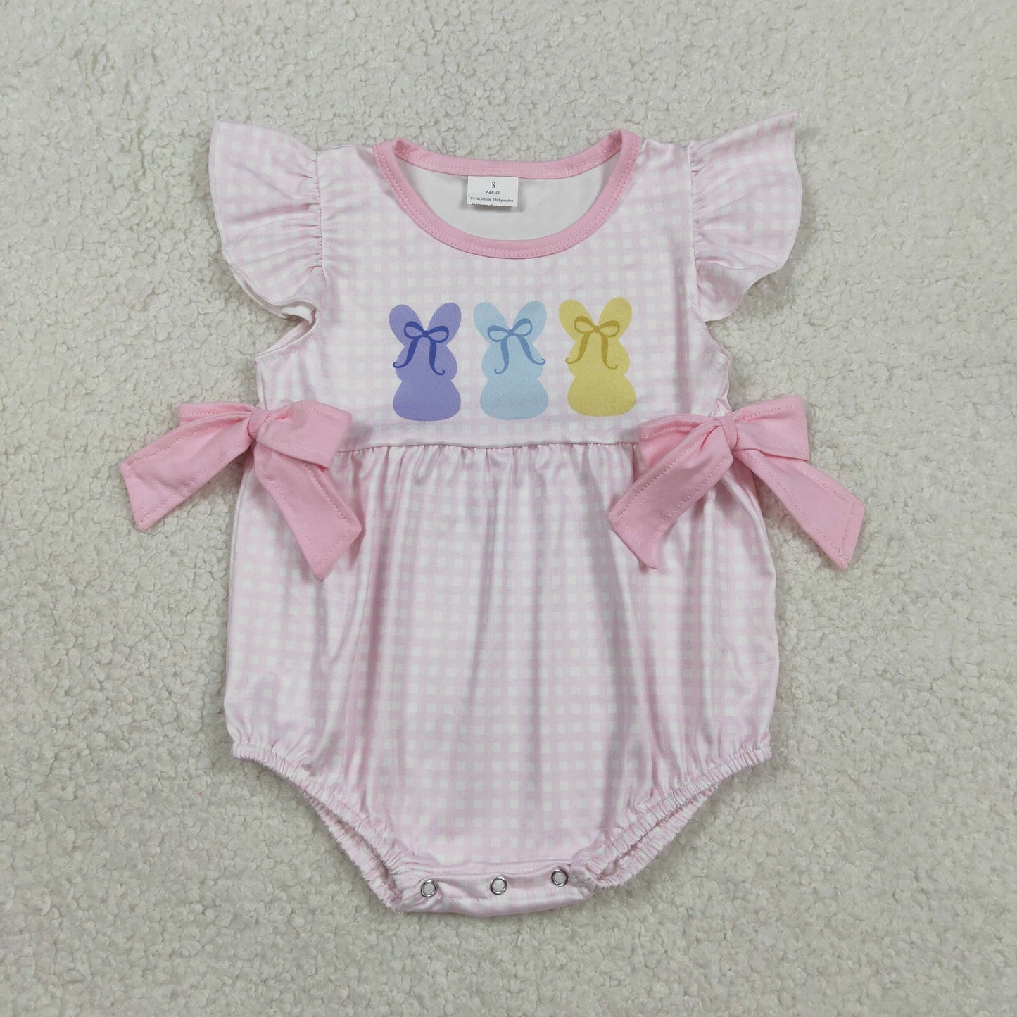 1.26 RTS NO MOQ （In stock）SR3767 Baby Girls Pink Checked Rabbits Bows Easter Ruffle Rompers