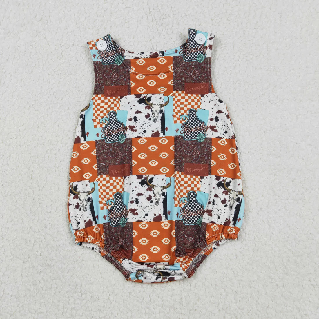 1.21 RTS Sibling Baby Boys Sleeveless Aztec Bull Skulls Checked Pockets Shorts Western Set Rompers