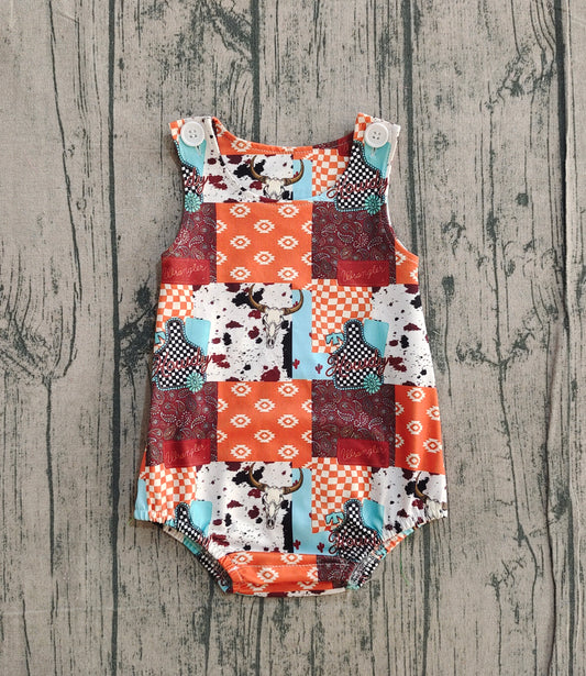 12.23 SR3773 Sample No Moq Baby Boys Aztec Bull Skulls Checked Western Rompers