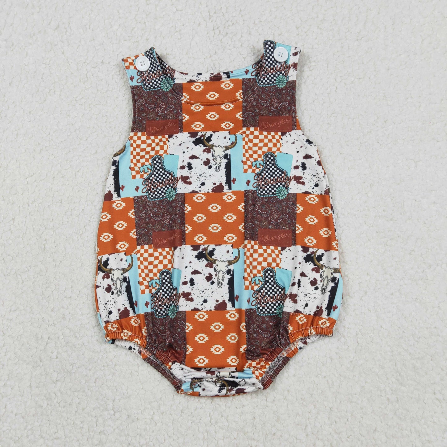 1.9 RTS NO MOQ （In stock）SR3773 Baby Boys Rompers Baby Boys Sleeveless Aztec Bull Skulls Checked Western Rompers