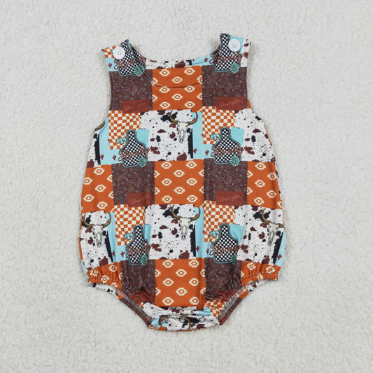 1.9 RTS NO MOQ （In stock）SR3773 Baby Boys Rompers Baby Boys Sleeveless Aztec Bull Skulls Checked Western Rompers