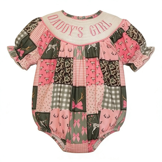 12.9 SR3778 Pre Order No moq Baby Girls Daddy's Girl Deer Camo Checked Hunting Ruffle Rompers