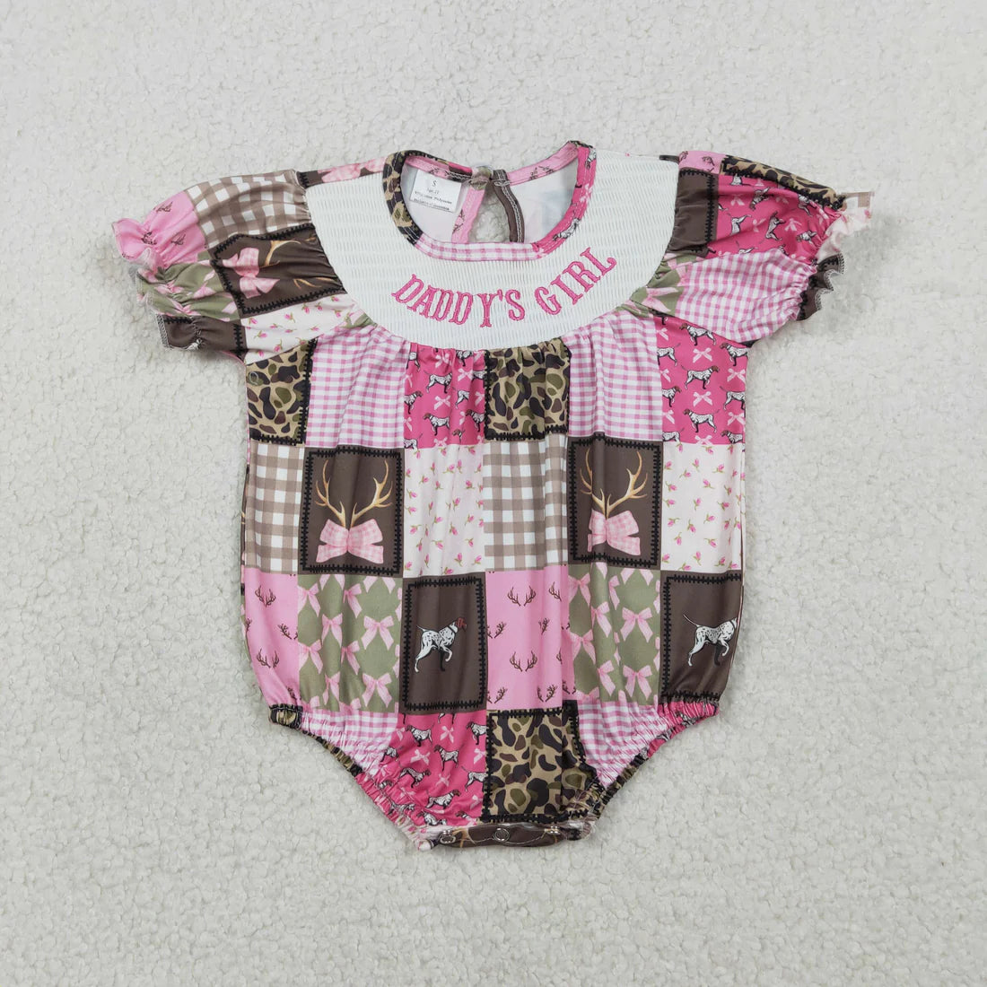 2.2 RTS Sibling Smocked Daddy's Girl Bows Deer Checked Hunting Knee Length Dress Ruffle Rompers