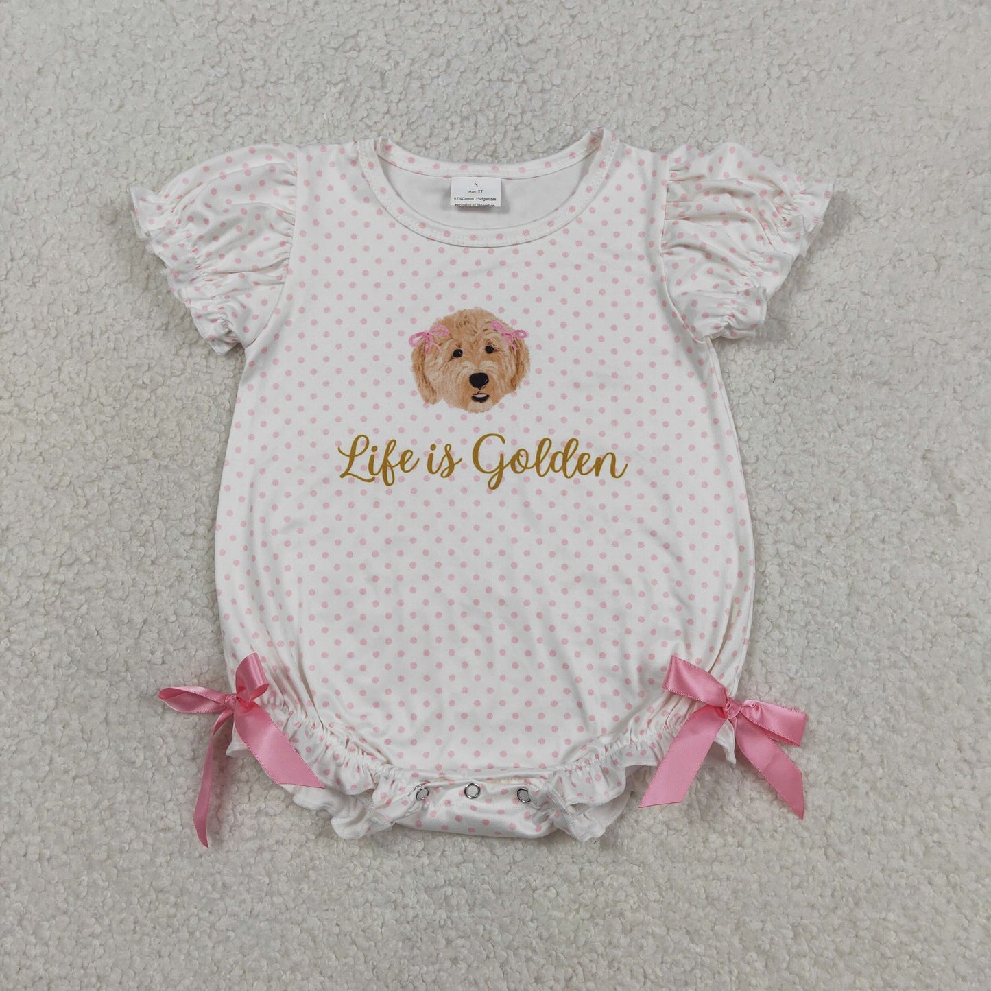 3.16 RTS NO MOQ （In stock）SR3779 Children's Fashion Romper Baby Girls Pink Polka Dots Dogs Life is Golden Ruffle Rompers
