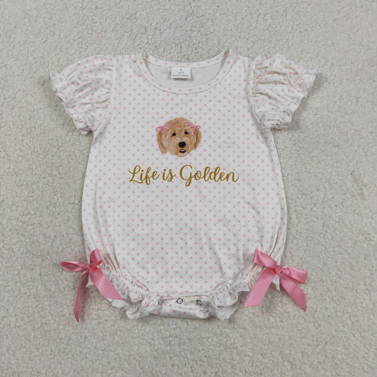 3.16 RTS NO MOQ （In stock）SR3779 Children's Fashion Romper Baby Girls Pink Polka Dots Dogs Life is Golden Ruffle Rompers