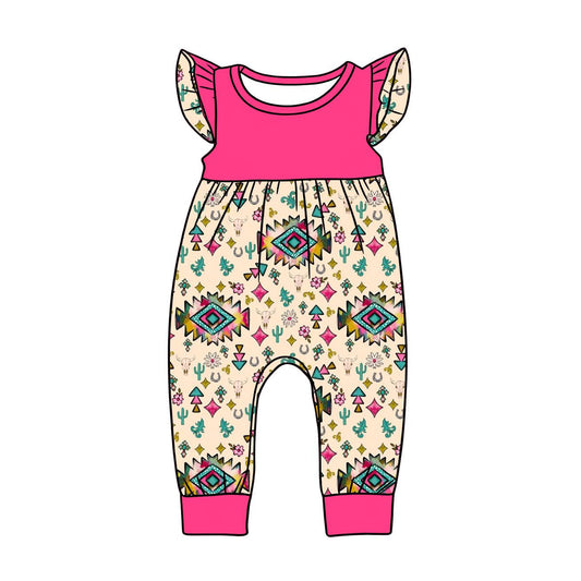 12.10 SR3782 Pre Order No moq Baby Girls Flutter Sleeve Flowers Aztec Western Footie Rompers