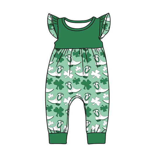 12.10 SR3783 Pre Order No moq Baby Girls Flutter Sleeve Clovers Boots St Patrick Footie Rompers