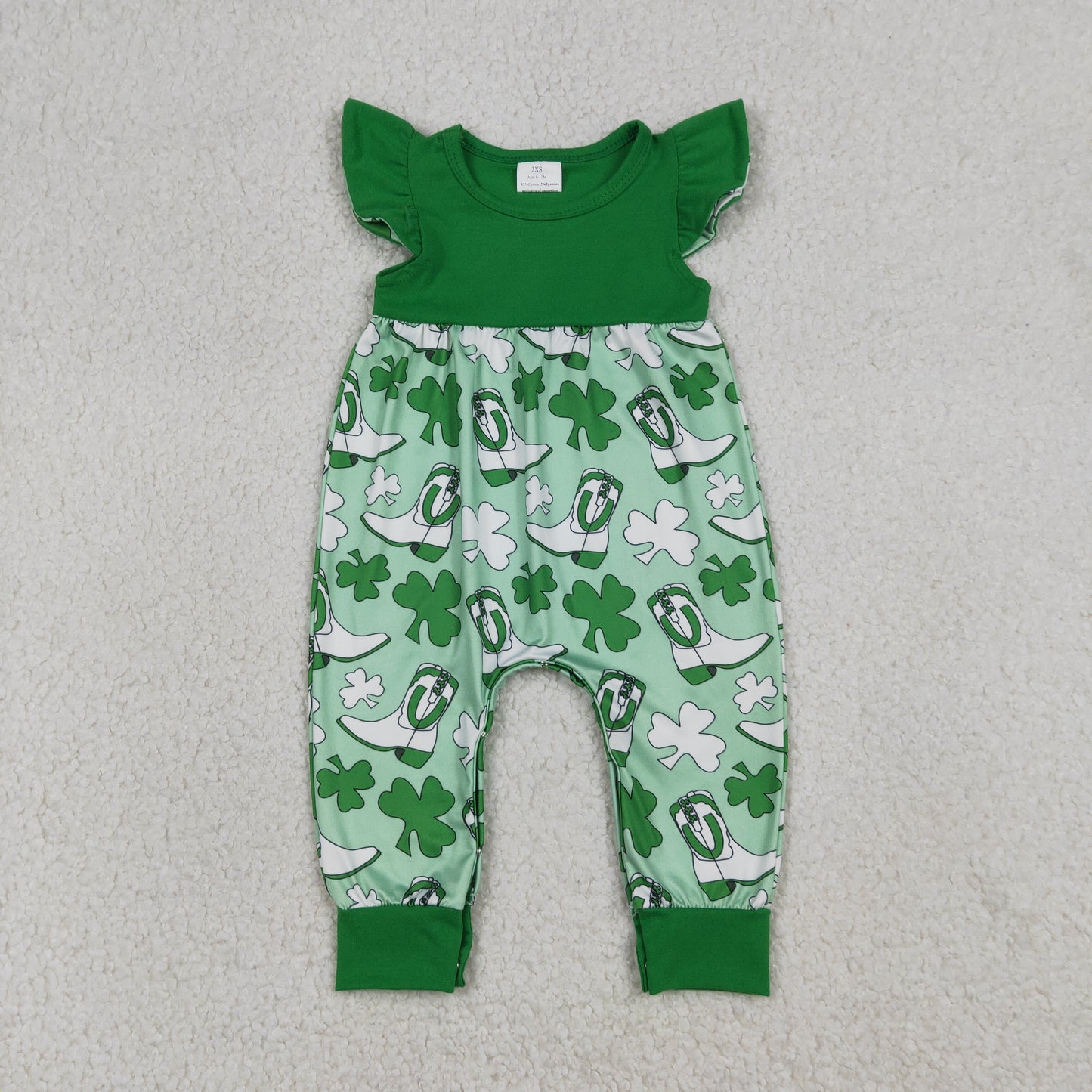 1.9 RTS NO MOQ （In stock）SR3783 Baby Girls Flutter Sleeve Clovers Boots St Patrick Rompers