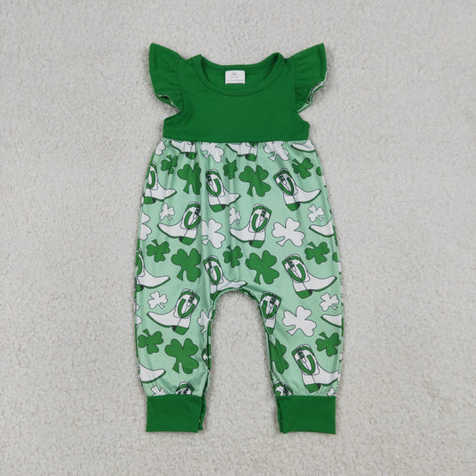 1.9 RTS NO MOQ （In stock）SR3783 Baby Girls Flutter Sleeve Clovers Boots St Patrick Rompers