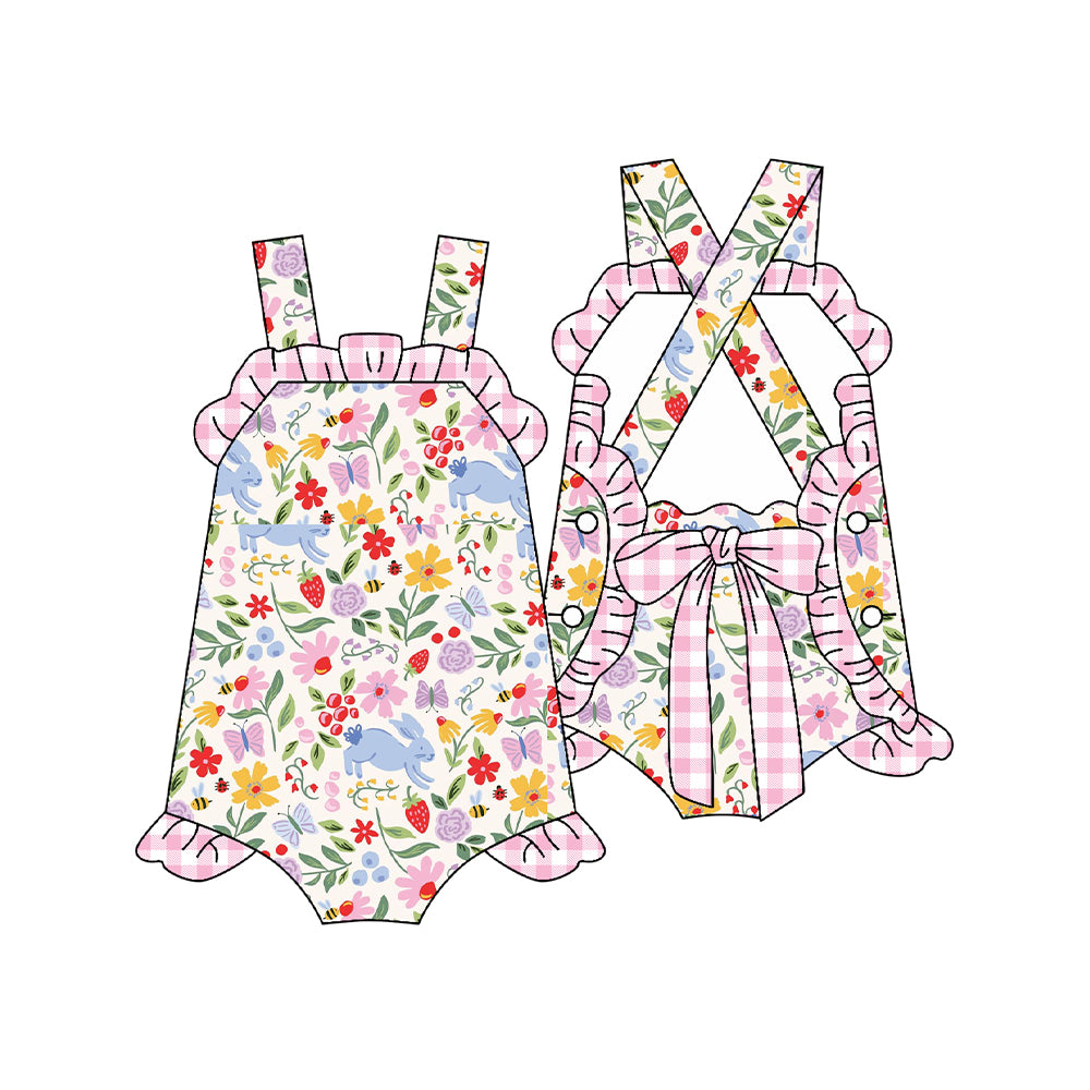 12.10 SR3784 Pre Order No moq Baby Girls Strap Colorful Rabbit Flowers Back Bow Easter Ruffle Rompers