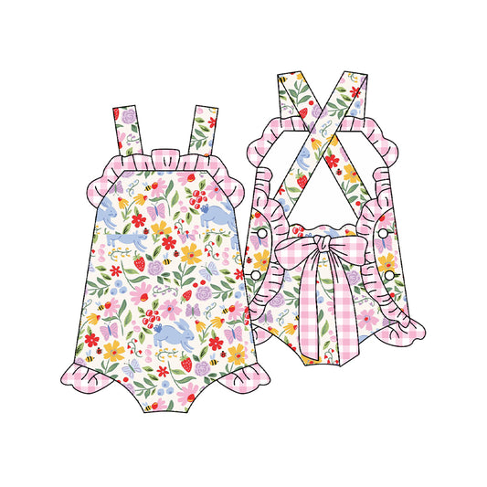 12.10 SR3784 Pre Order No moq Baby Girls Strap Colorful Rabbit Flowers Back Bow Easter Ruffle Rompers