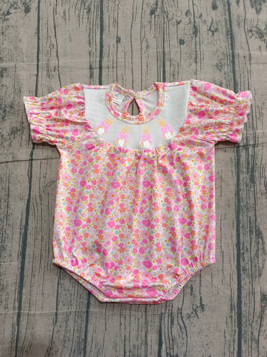 1.27 SR3785 Sample No Moq Smocked Bow Rabbits Baby Girls Pink Flowers Easter Ruffle Rompers