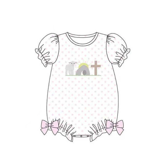 12.11 SR3799 Pre Order No moq Baby Girls Short Ruffle Sleeve Polka Dots Cross Easter Bows Romper