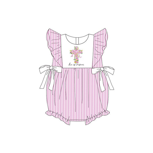 12.11 SR3800 Pre Order No moq Baby Girls Flutter Sleeve Pink Stripe Flower Cross Easter Bows Romper
