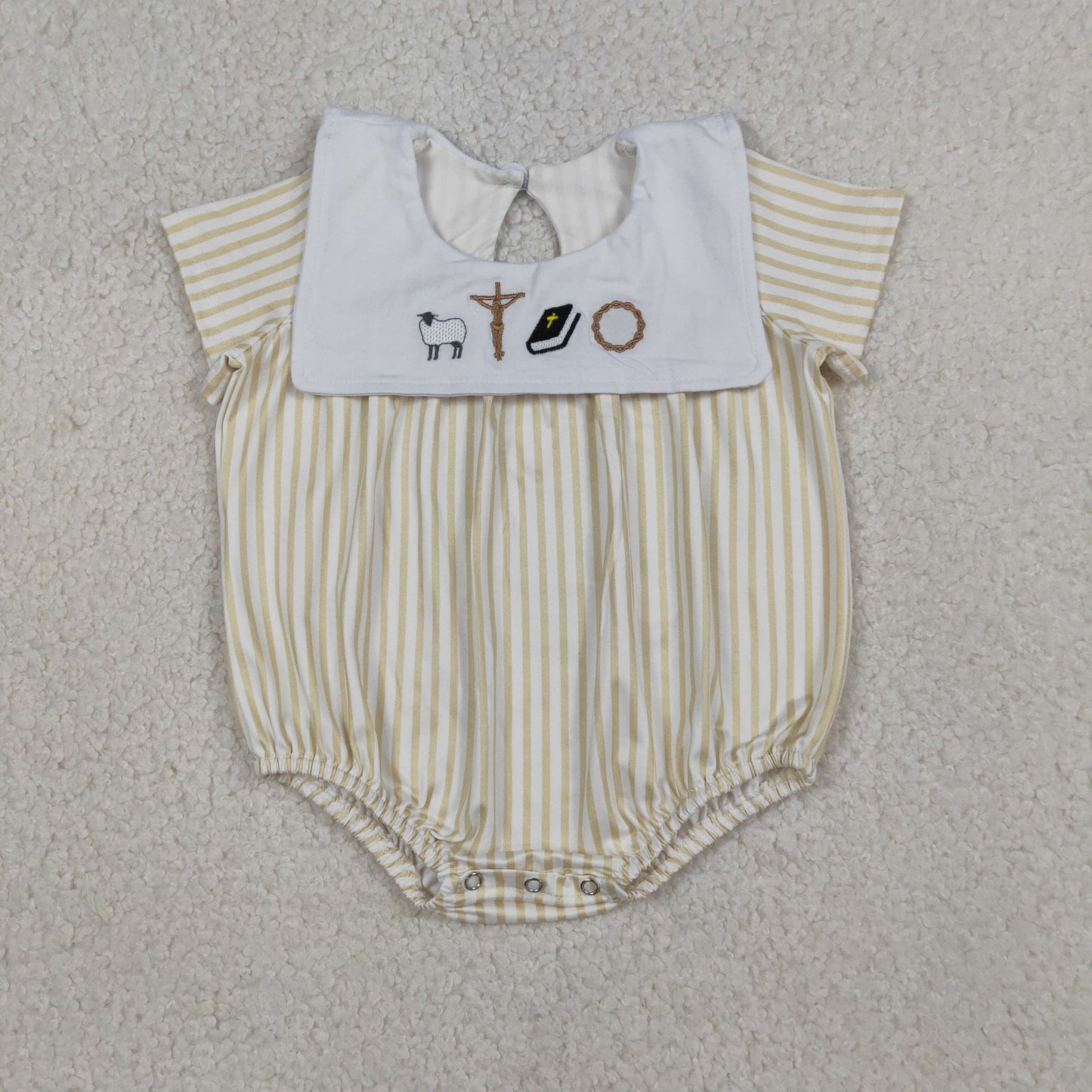 3.19 RTS NO MOQ （In stock）SR3802 Children's Fashion Romper Baby Girls Sleeveless Embroidery Cross Yellow Stripe Romper