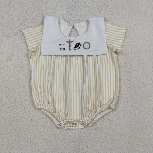 3.19 RTS NO MOQ （In stock）SR3802 Children's Fashion Romper Baby Girls Sleeveless Embroidery Cross Yellow Stripe Romper