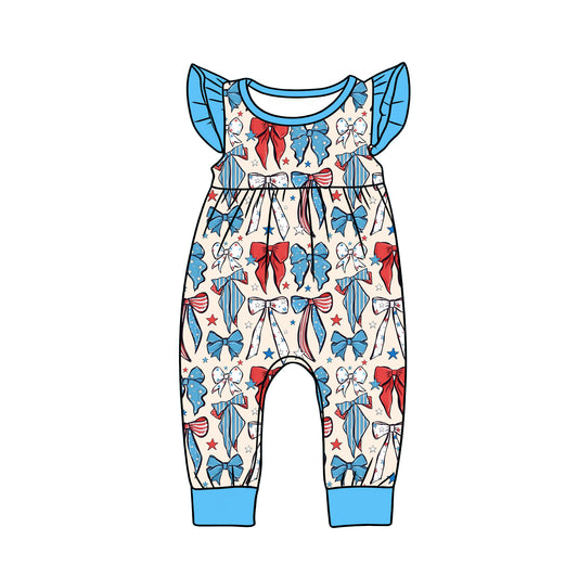 12.12 SR3804 Pre Order No moq Baby Girls Flutter Sleeve Red Blue Stars Bows 4th of July Footie Rompers