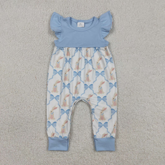 1.6 RTS NO MOQ （In stock）SR3806 Baby Girls Rompers Baby Girls Flutter Sleeve Bows Rabbits Checked Easter Rompers