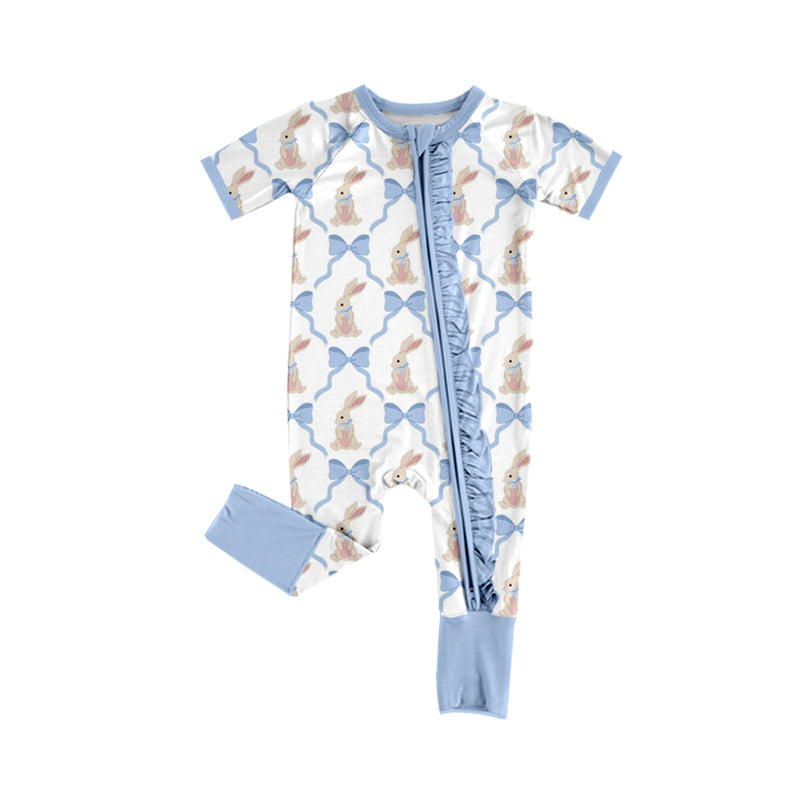 12.13 SR3807 Pre Order No moq Baby Girls Bows Rabbits Checked Easter Two Way Ruffle Zip Convertible Rompers