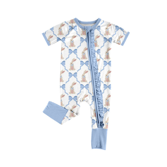 12.13 SR3807 Pre Order No moq Baby Girls Bows Rabbits Checked Easter Two Way Ruffle Zip Convertible Rompers