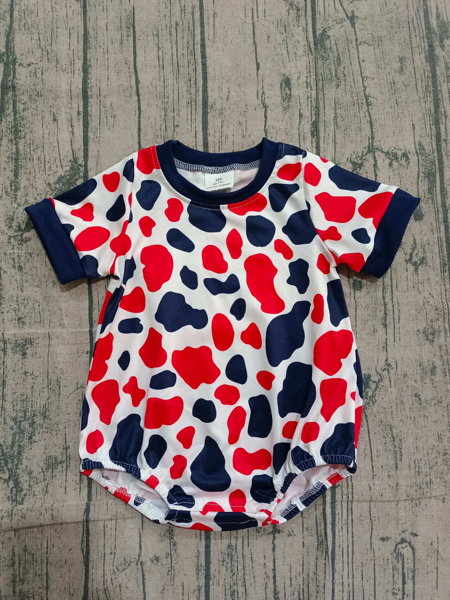 1.5 SR3822 Sample No Moq Baby Boys Short Sleeve Red Blue Cow Print 4th of July Rompers