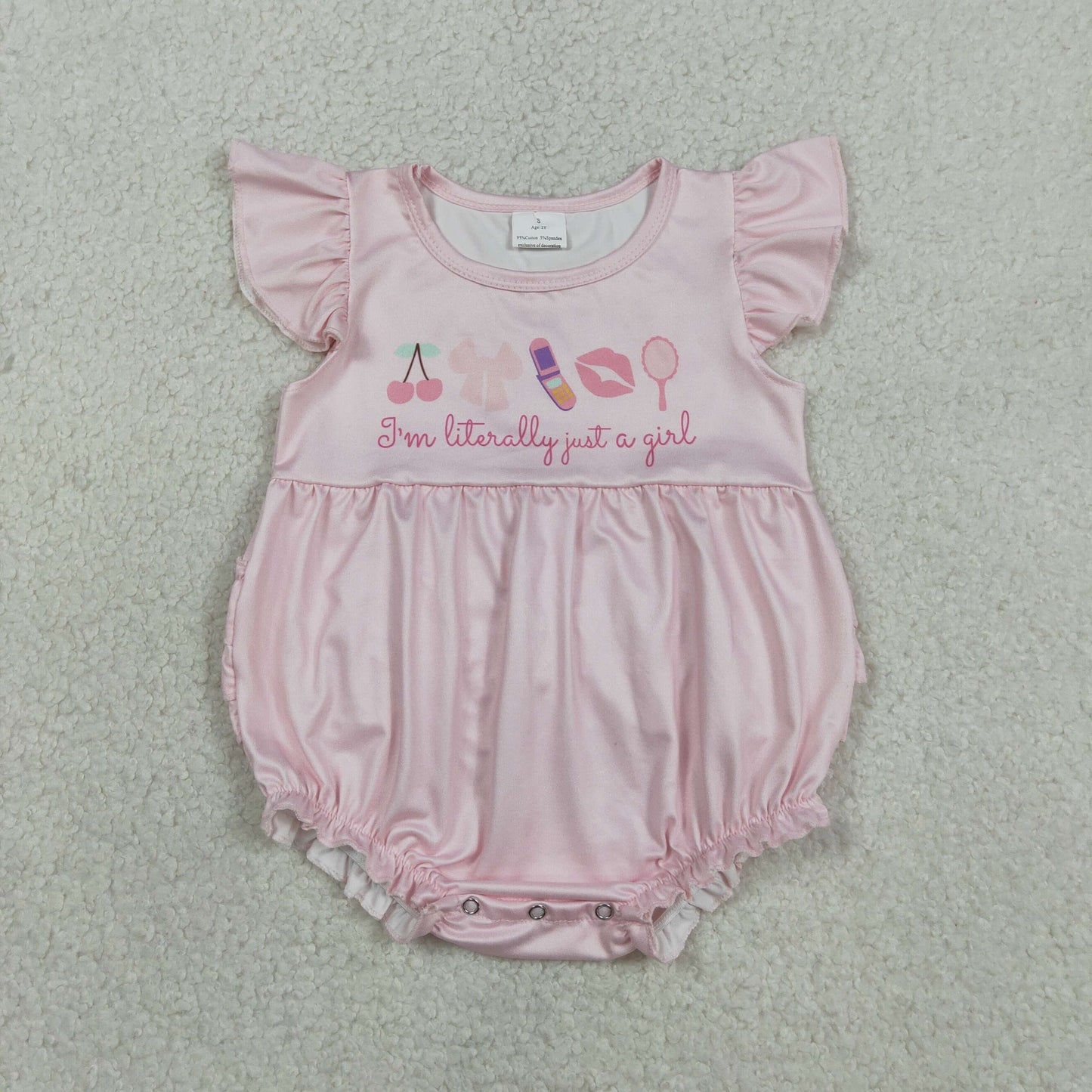 3.7 RTS NO MOQ （In stock）SR3825 Children's Fashion Romper Baby Girls Pink Flutter Sleeve Cherry Bows I'm Just a Girl Ruffle Rompers