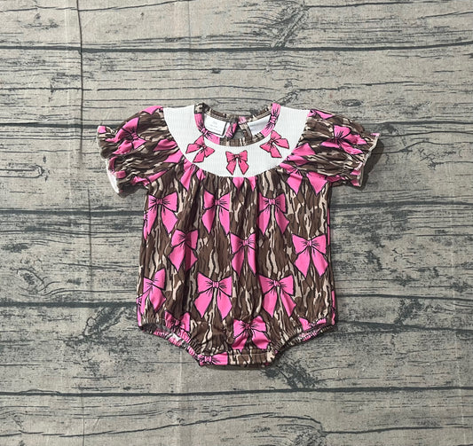 12.24 SR3827 Sample No Moq Smocked Bows Baby Girls Southern Olive Camo Ruffle Rompers