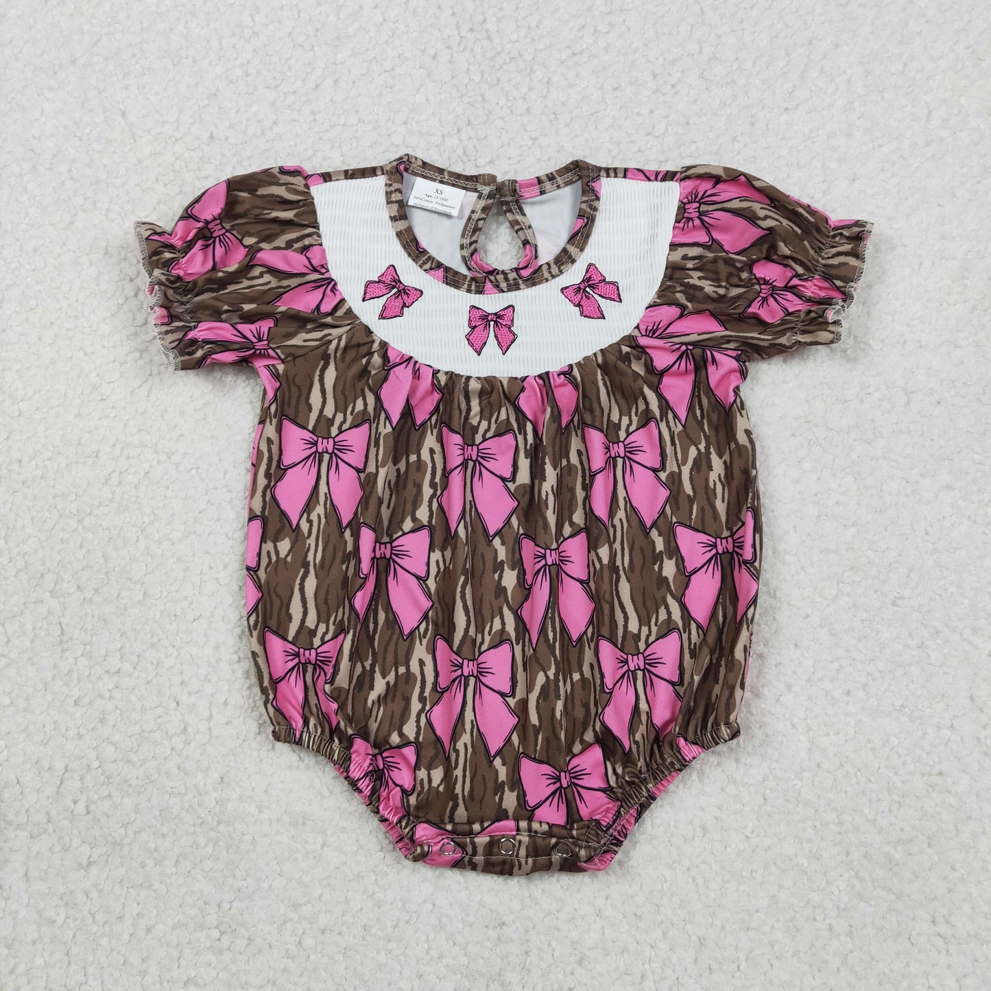 1.24 RTS NO MOQ （In stock）SR3827 Smocked Bows Baby Girls Southern Olive Camo Ruffle Rompers