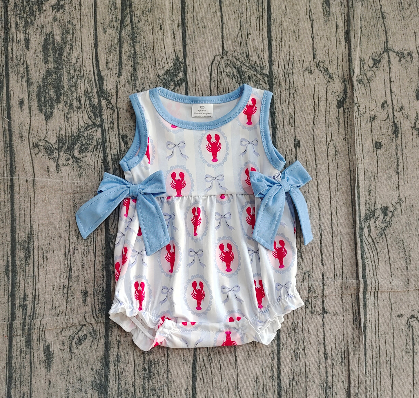 12.29 SR3828 Sample No Moq Baby Girls Sleeveless Bows Crayfishes Stripe Ruffle Rompers