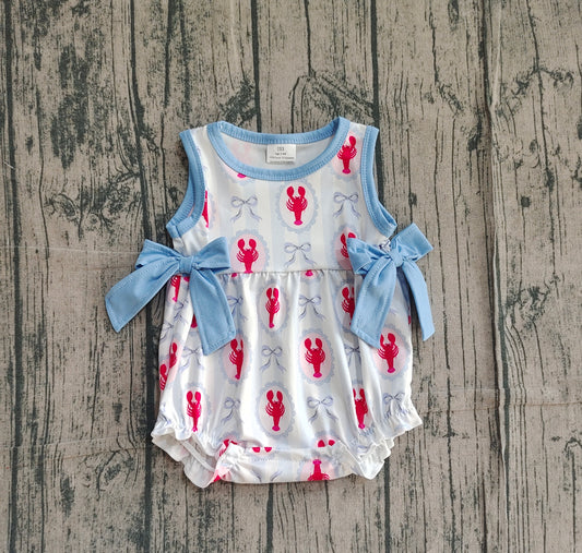 12.29 SR3828 Sample No Moq Baby Girls Sleeveless Bows Crayfishes Stripe Ruffle Rompers