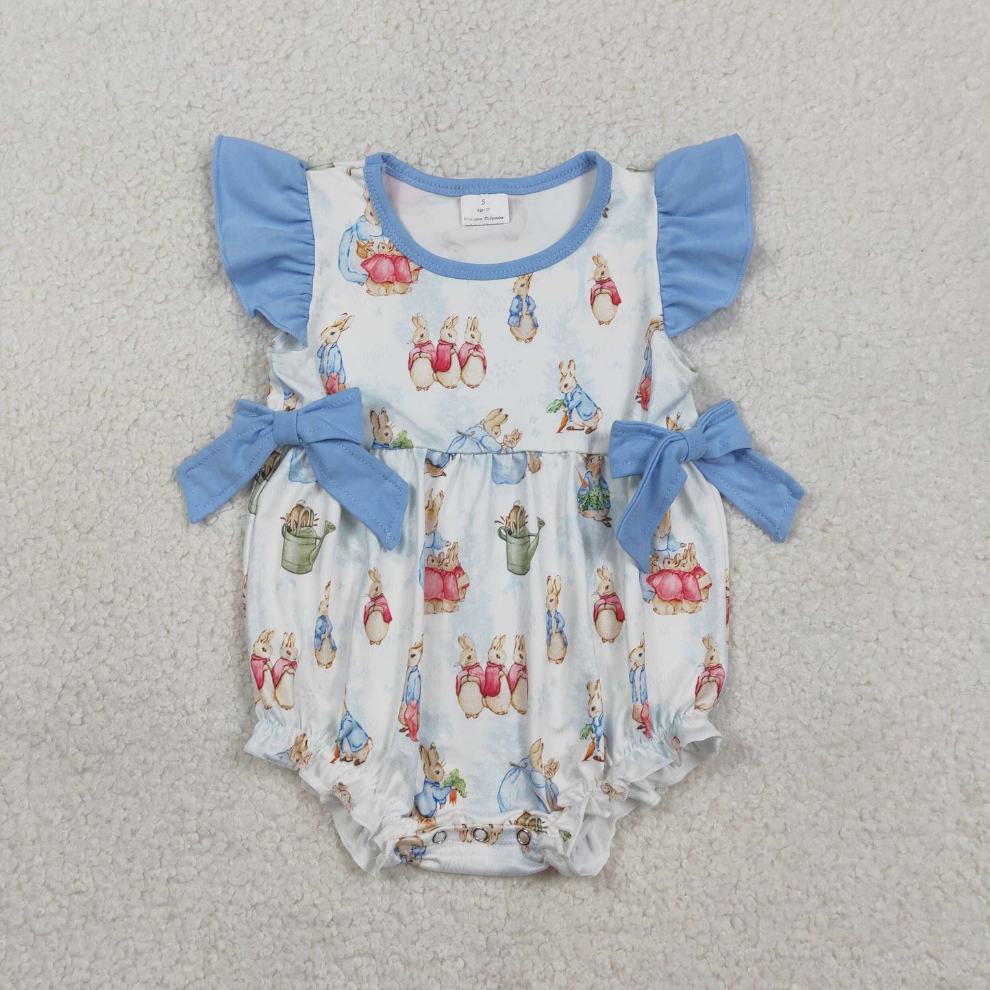 1.24 RTS NO MOQ （In stock）SR3833 Baby Girls Flutter Sleeve Rabbits Bows Easter Ruffle Rompers