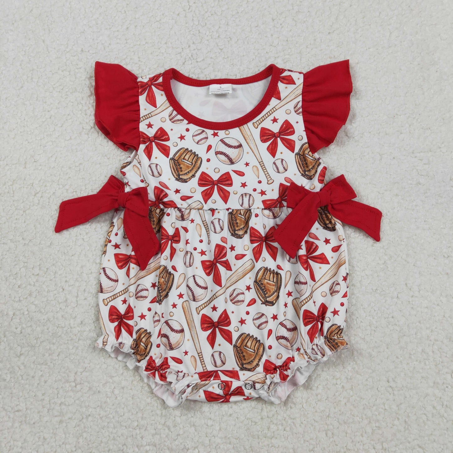 1.23 RTS NO MOQ （In stock）SR3834 Baby Girls Flutter Sleeve Baseballs Bows Team Ruffle Rompers