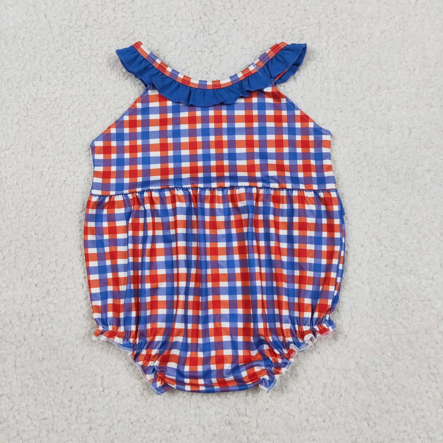 SR3835 RTS NO MOQ （In stock）Blue ruffle farm embroidery plaid baby girl romper