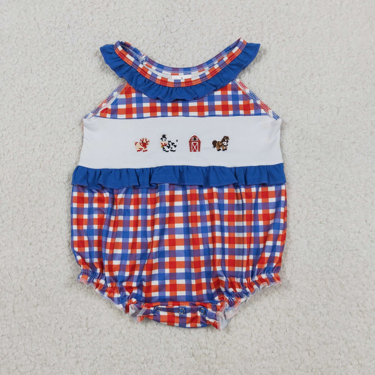 SR3835 RTS NO MOQ （In stock）Blue ruffle farm embroidery plaid baby girl romper