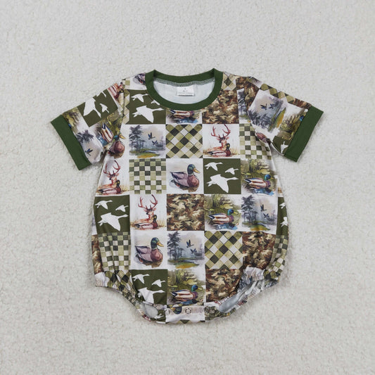 3.17 RTS NO MOQ （In stock）SR3837 Children's Fashion Romper Baby Boys Short Sleeve Deer Ducks Checked Hunting Rompers