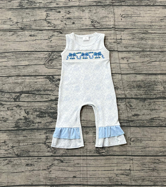 1.5 SR3843 Sample No Moq Baby Girls Sleeveless Blue Bows Flowers Ruffle Pants Rompers