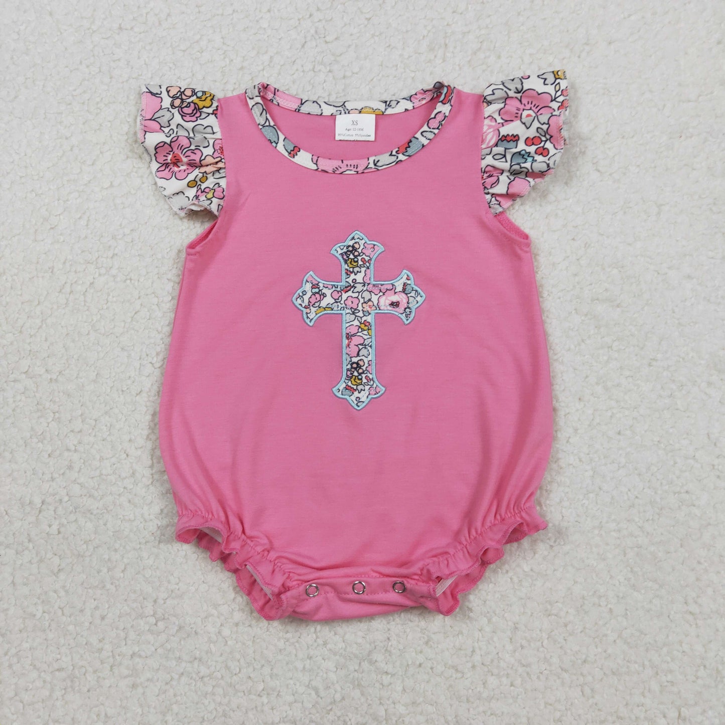 1.27 RTS NO MOQ （In stock）SR3845 Embroidery Floral Crosses Baby Girls Flutter Sleeve Easter Ruffle Rompers