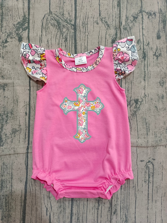 1.5 SR3845 Sample No Moq Embroidery Floral Crosses Baby Girls Flutter Sleeve Easter Ruffle Rompers