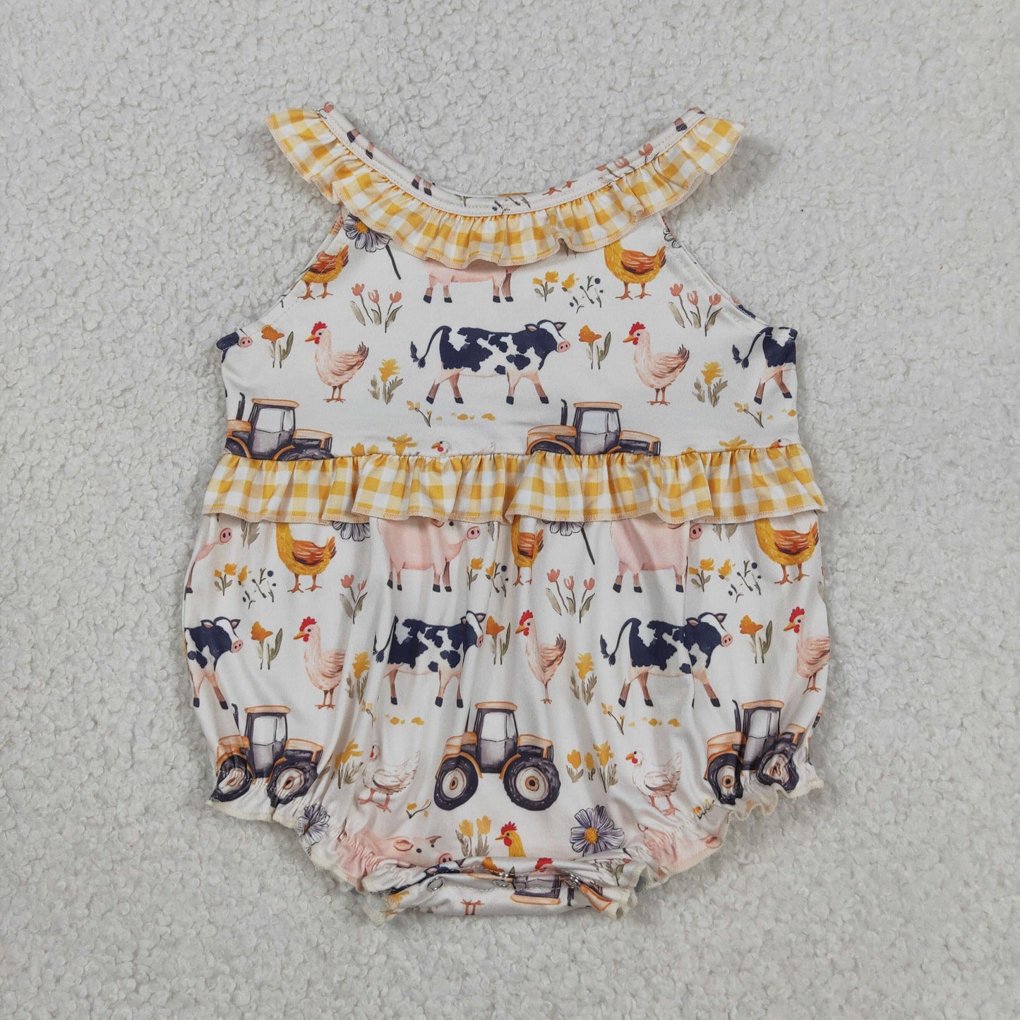 RTS Sibling Sleeveless farm ruffle tunic yellow plaid shorts girls outfits and romper