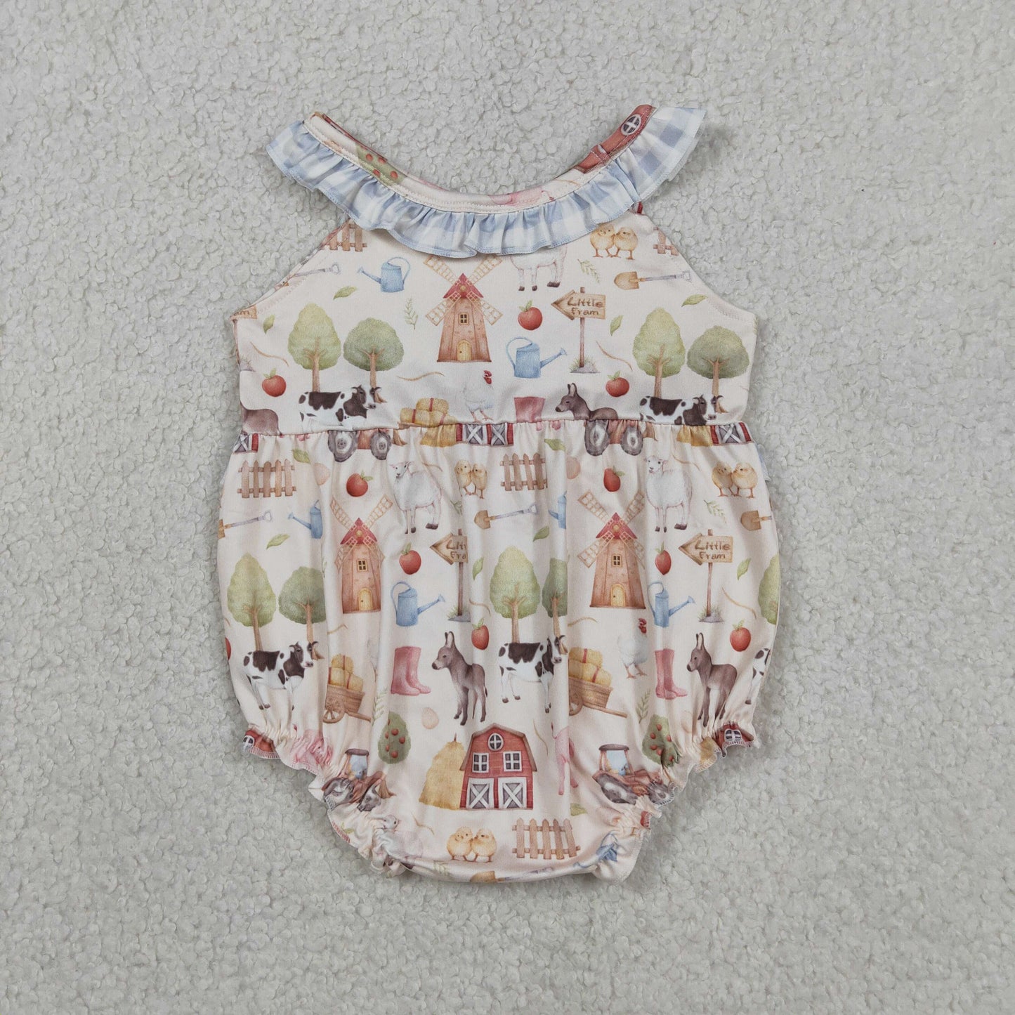 SR3852 RTS NO MOQ （In stock）Sleeveless plaid ruffle farm baby girls romper