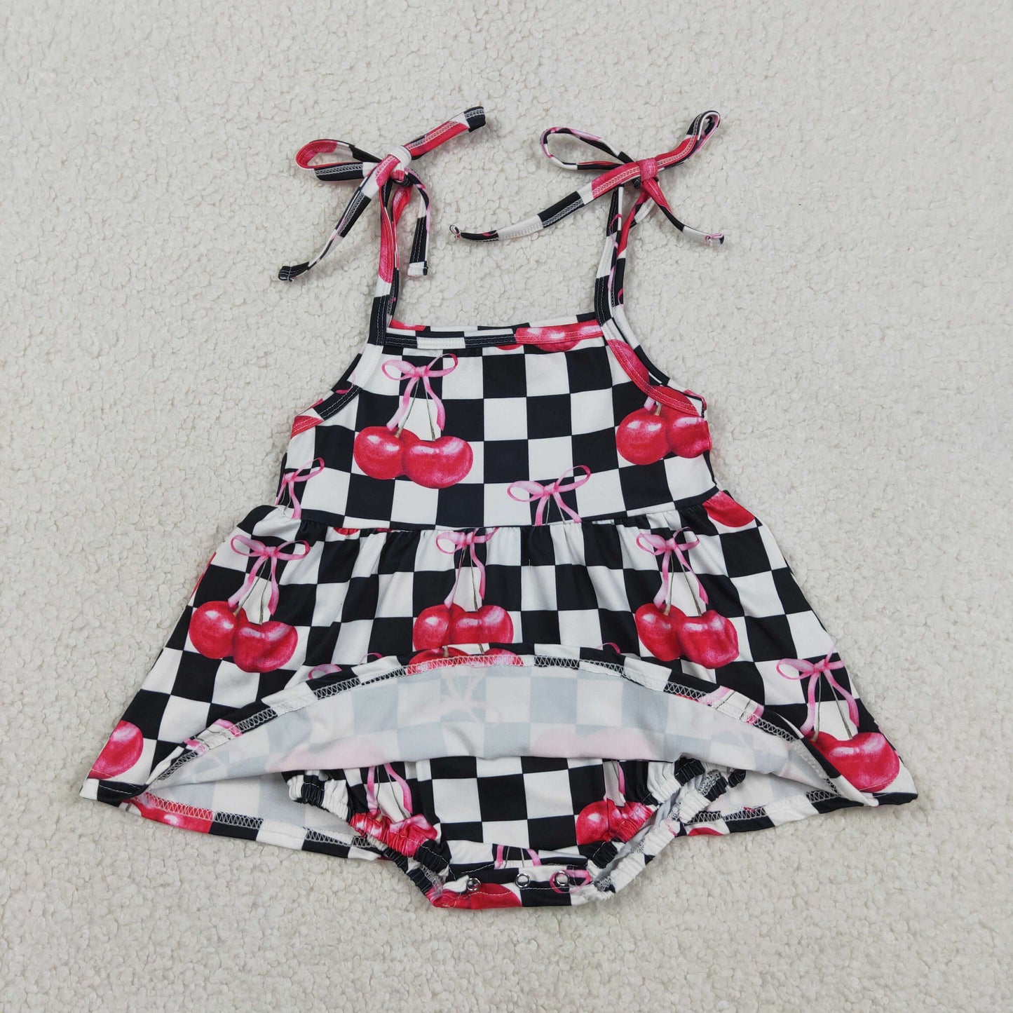 SR3854 RTS NO MOQ （In stock）Straps black plaid cherry bow baby girls summer romper