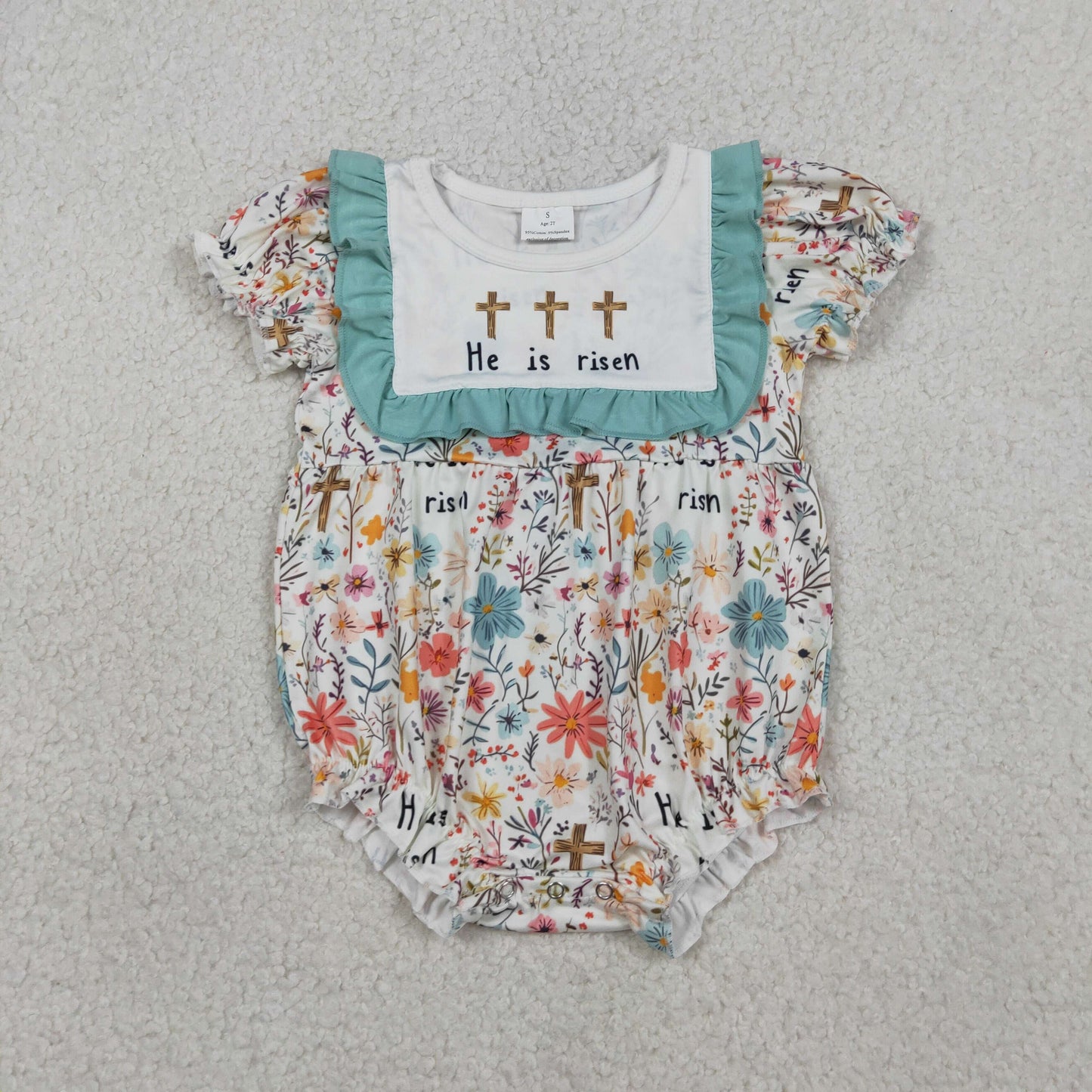 1.21 RTS NO MOQ （In stock）SR3861 Baby Girls Crosses He is Risen Flowers Easter Ruffle Rompers