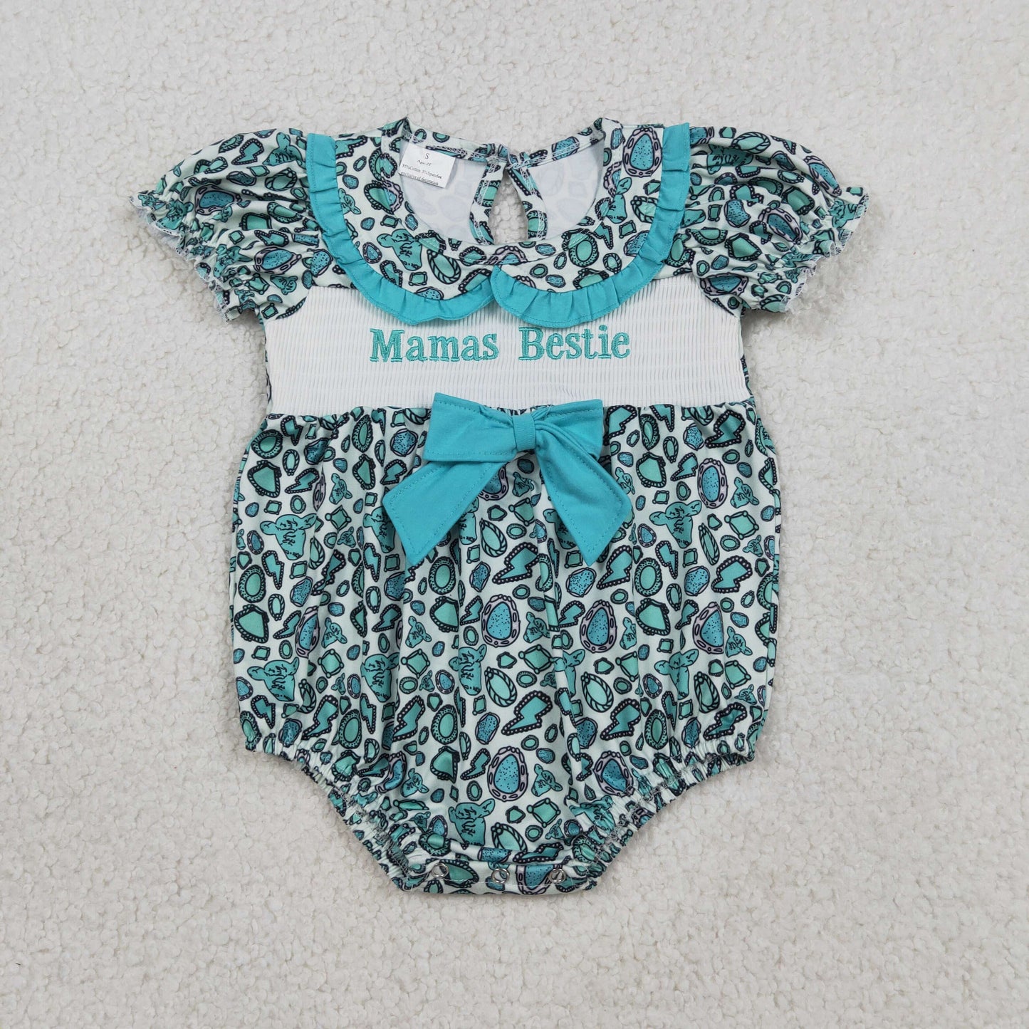 3.26 RTS NO MOQ （In stock）SR3863 Children's Fashion Romper Baby Girls Smocked Mama's Bestie Turquoises Collar Western Ruffle Rompers