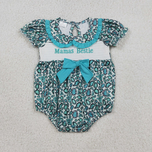 3.26 RTS NO MOQ （In stock）SR3863 Children's Fashion Romper Baby Girls Smocked Mama's Bestie Turquoises Collar Western Ruffle Rompers