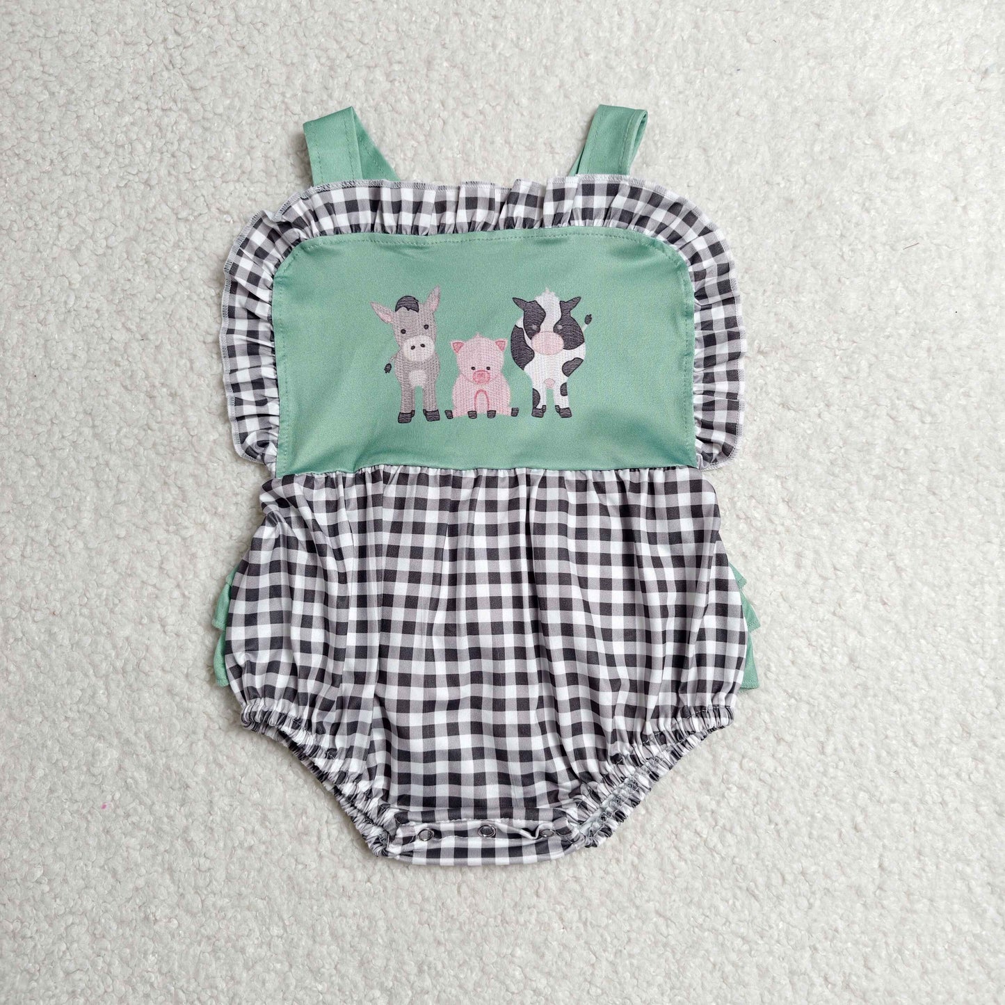SR3866 RTS NO MOQ （In stock）Straps cow pig ruffle plaid farm baby summer romper\