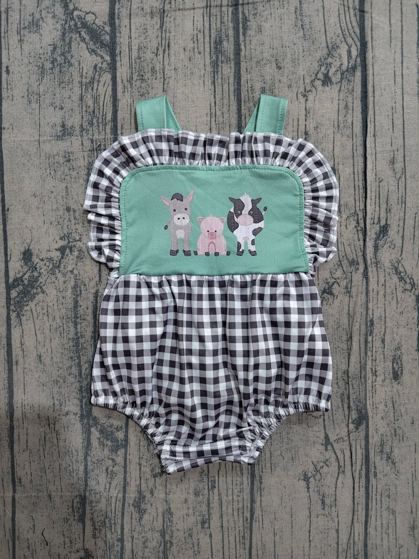 4.1 SR3866 Sample No Moq Baby Girls Strap Farm Checked Ruffle Rompers Preorder