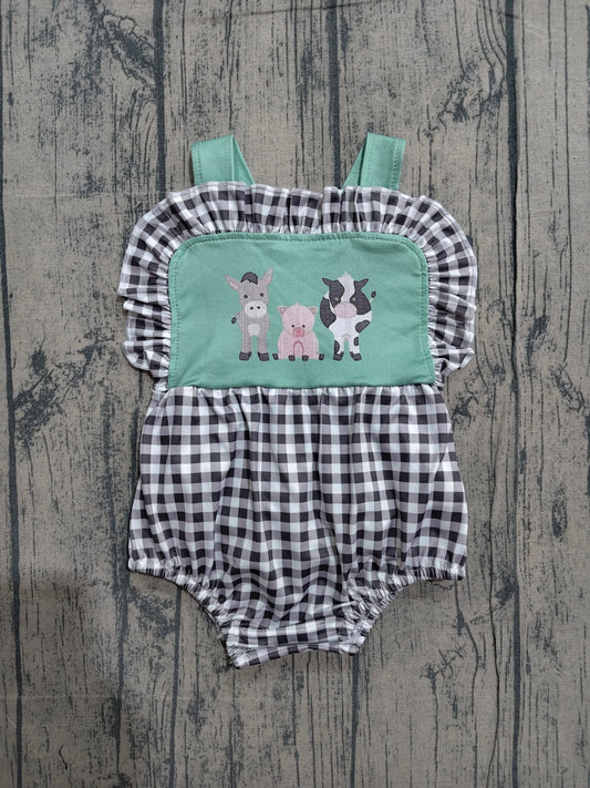 4.1 SR3866 Sample No Moq Baby Girls Strap Farm Checked Ruffle Rompers Preorder
